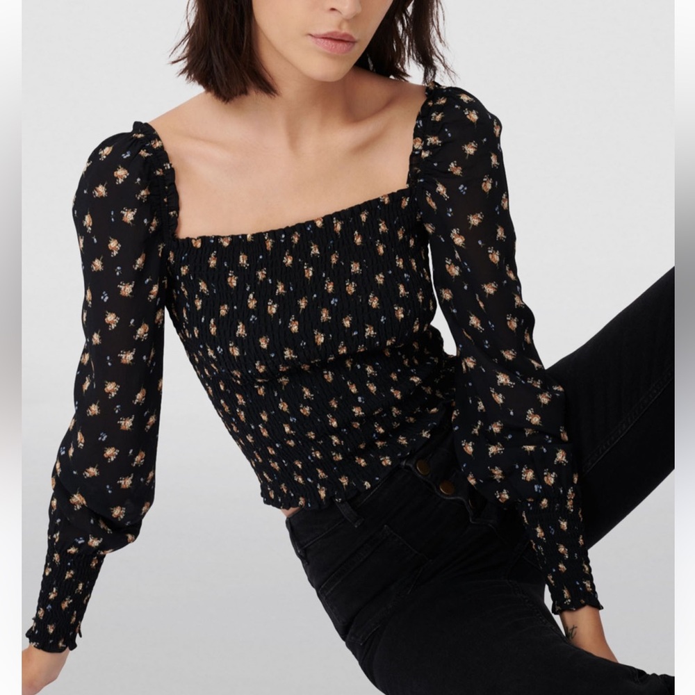 Maje Lithik Floral Print Smocked Top Black Blouse